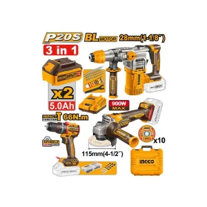 Lithium-Ion ელ. პერფორატორის, კუთხსახეხისა და ხრახნდამჭერის კომპლექტი 3ც-ნი 20V (COSLI241183)